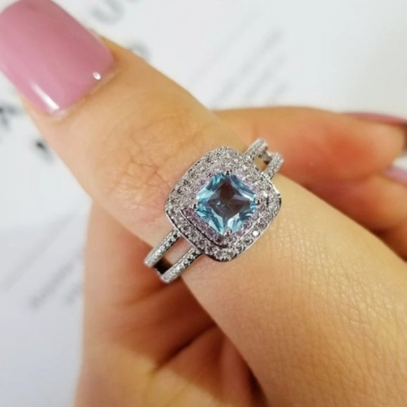 New Silver Blue Princess Cut Double Pink Halo Ring - Picture 2 of 5